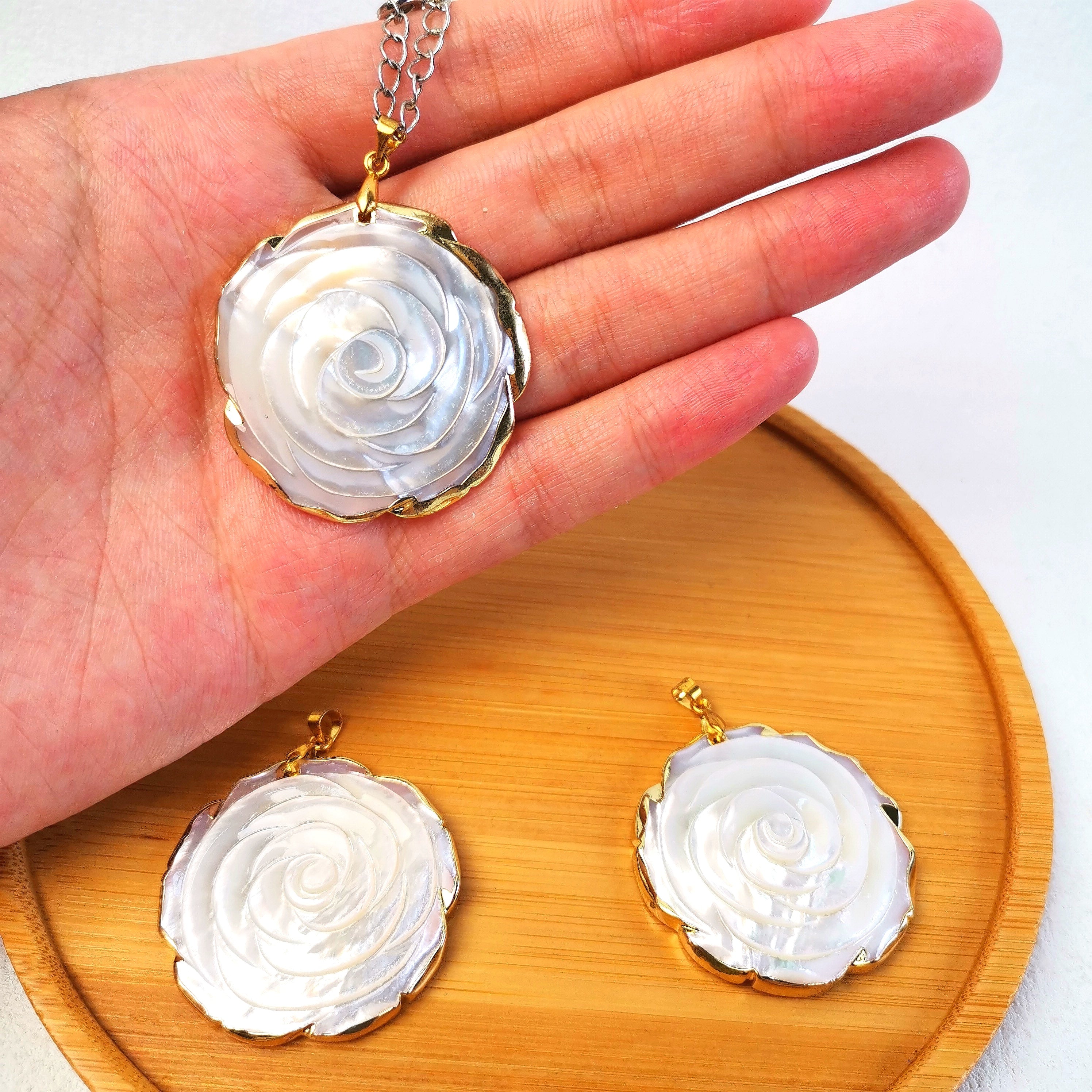 Hand Carved Mother of Pearl Rose Pendant, Natural Shell Flower Necklace Charm, Vintage Boho Jewelry Gift for Her