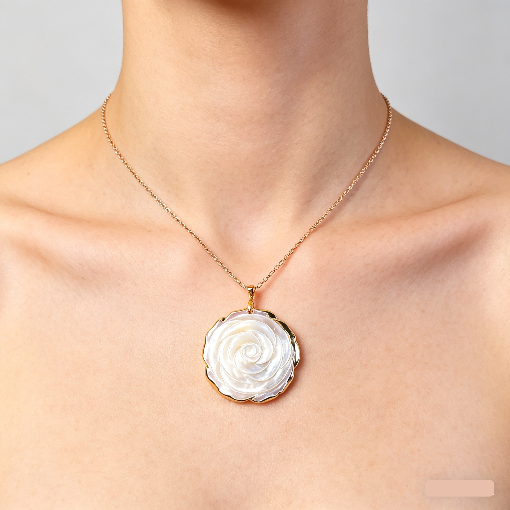 Hand Carved Mother of Pearl Rose Pendant, Natural Shell Flower Necklace Charm, Vintage Boho Jewelry Gift for Her